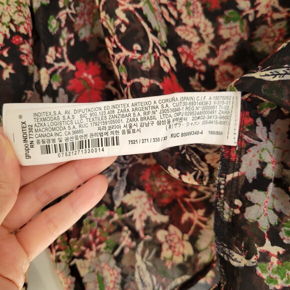 Zara Black Red Floral Print Ruffle Bib Long Sleeve Sheer Blouse Shirt Size XS - Picture 11 of 13